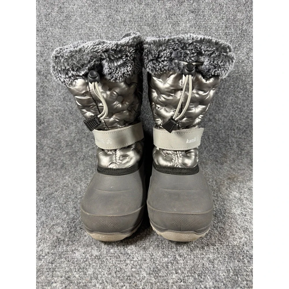 Kamik Kids Silver Metallic Quilted Faux Fur Snow Boots Size 2 Made in Canada
